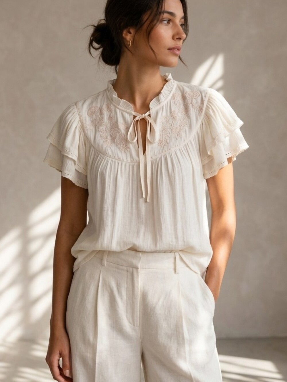 Rachel Zoe Boho Cottagecore Embroidered Ruffle Blouse Light Pink Size Large